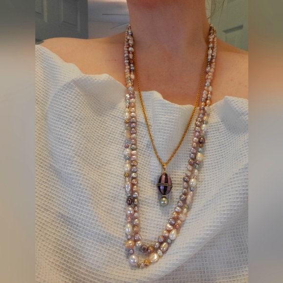 Pinky Mauve Bronze Golden Freshwater Pearl Opera Length Necklace - Picture 5 of 7